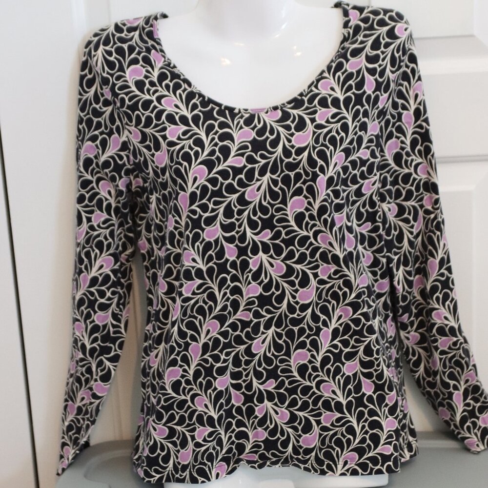 Talbots Long sleeve cotton Tee Black White Lavender Classic Casual Large Cotton